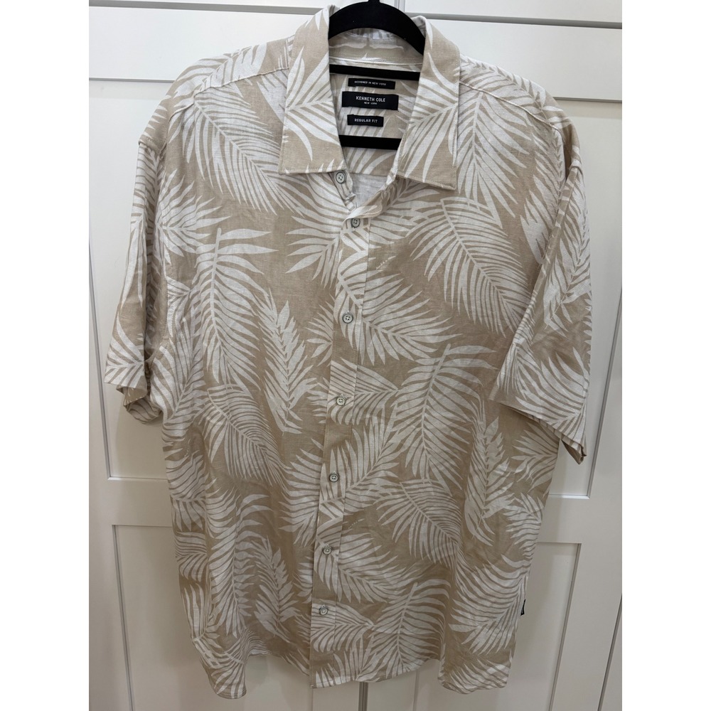 Kenneth Cole New York Mens 2X Linen Blend Palm Print Button Down Shirt Tan White